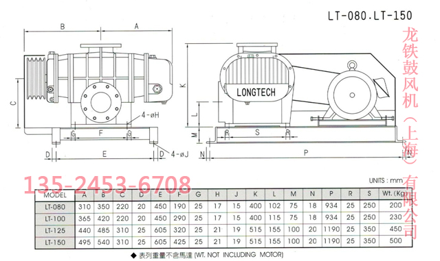 龍鐵三葉羅茨鼓風機參數(shù)尺寸圖